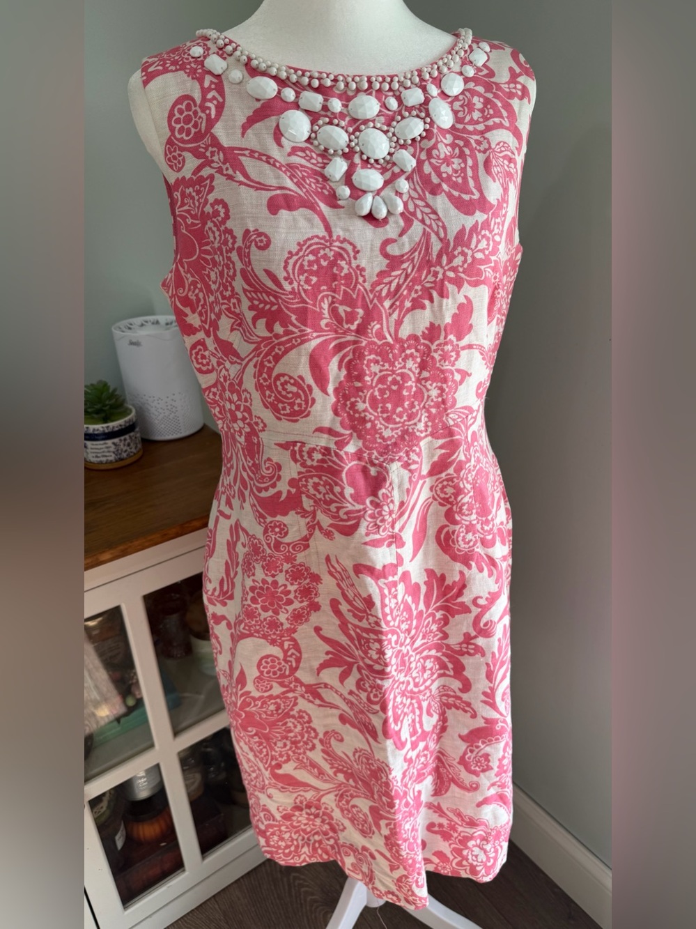 Eliza J Womens Sleeveless Shift Dress Pink White Beaded Linen Size Medium